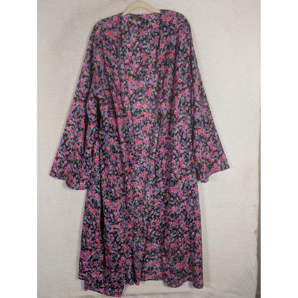 Boohoo Duster Cardigan Women's 16 Black Floral Open Front Long Sleeve Boho